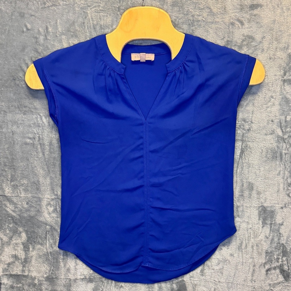 2340 | Philosophy Republic Clothing V-Neck Cap Sleeve Blouse Royal Blue Women XS